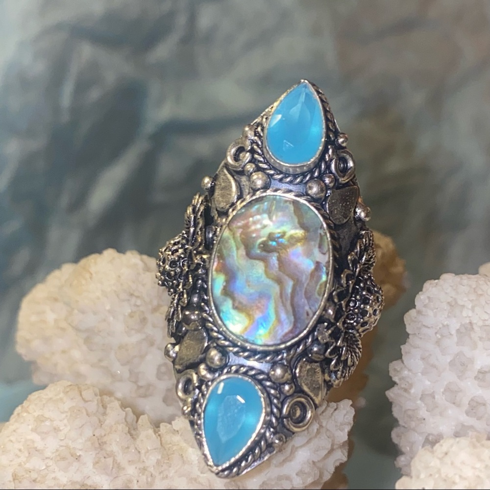 Abalone + Blue Chalcedony bohemian vintage ring
